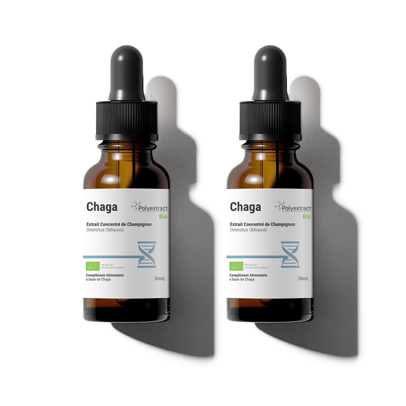 Chaga • Extrait de Champignon Liquide Bio, flacons en verre de 30ml, complément antioxydant, cure de deux mois.