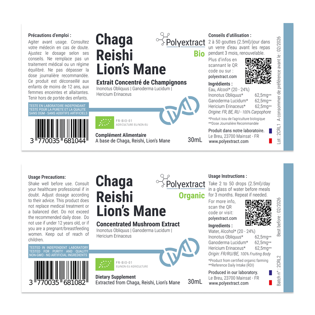 Étiquette du produit Triextract, présentant les extraits concentrés de champignons Chaga, Reishi et Lion’s Mane par Polyextract.