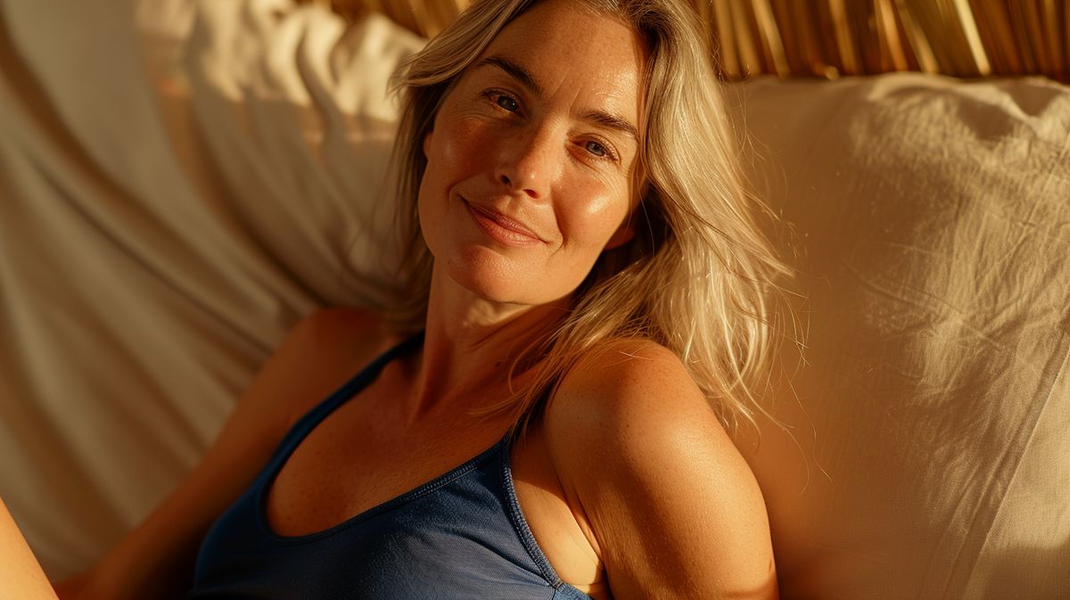Woman with blonde hair sitting on a couch in warm lighting