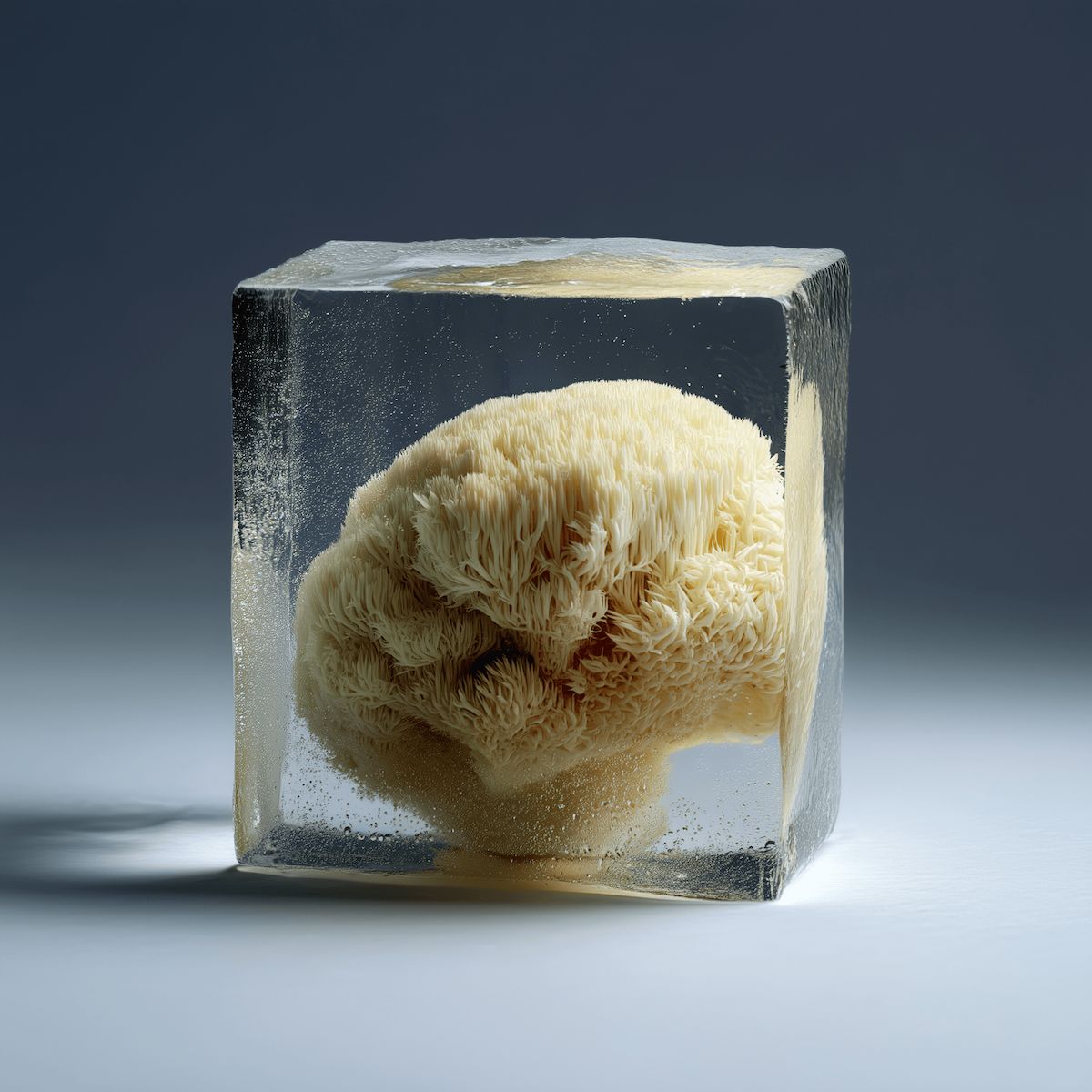 Lion's Mane mushroom encased in a clear ice cube