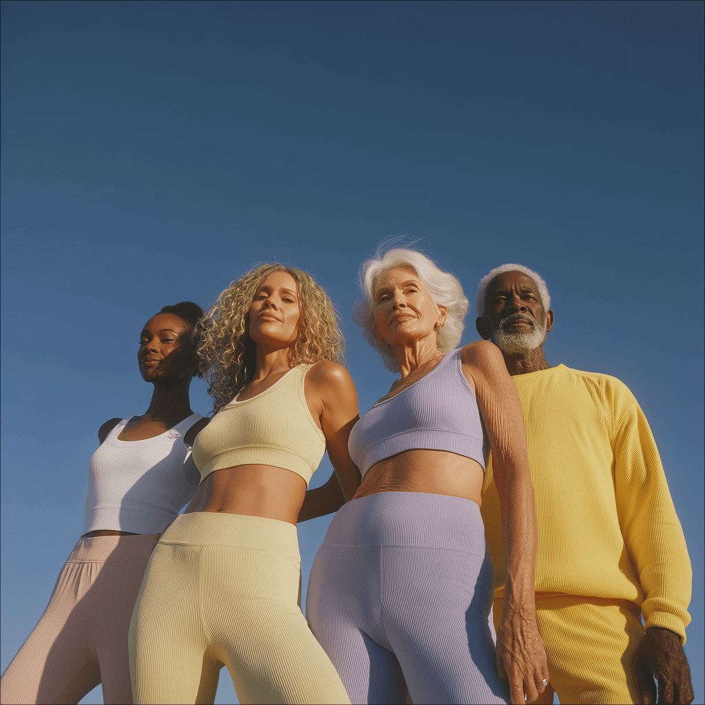 Four people standing together against a clear blue sky, young and old