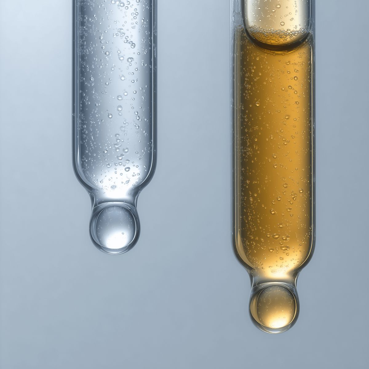 Two glass droppers with liquid mushroom extract on a gray background