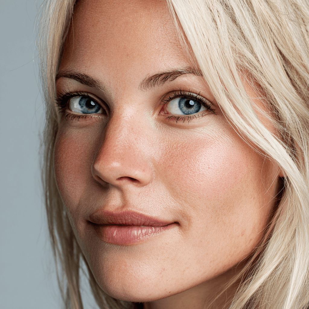 Close-up of a person with blonde hair and blue eyes against a gray background