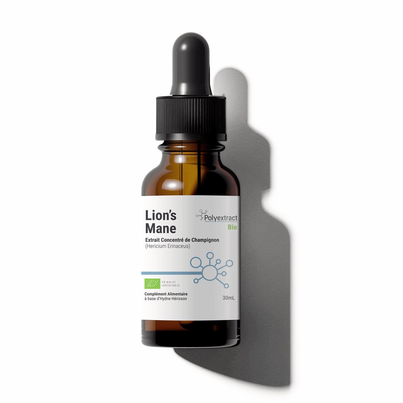 Flacon d'extrait liquide bio de Lion's Mane, concentré de champignon pour clarté mentale et équilibre cognitif.