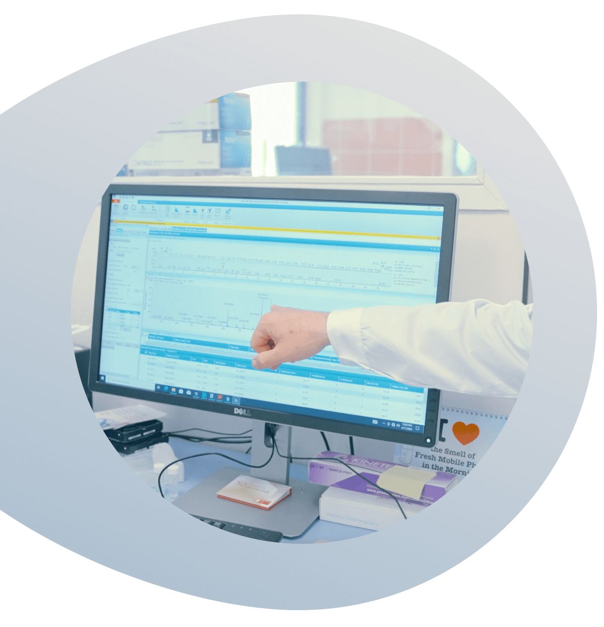 A computer in a laboratory showing HPLC results for mushroom extracts and molecules that have been identified