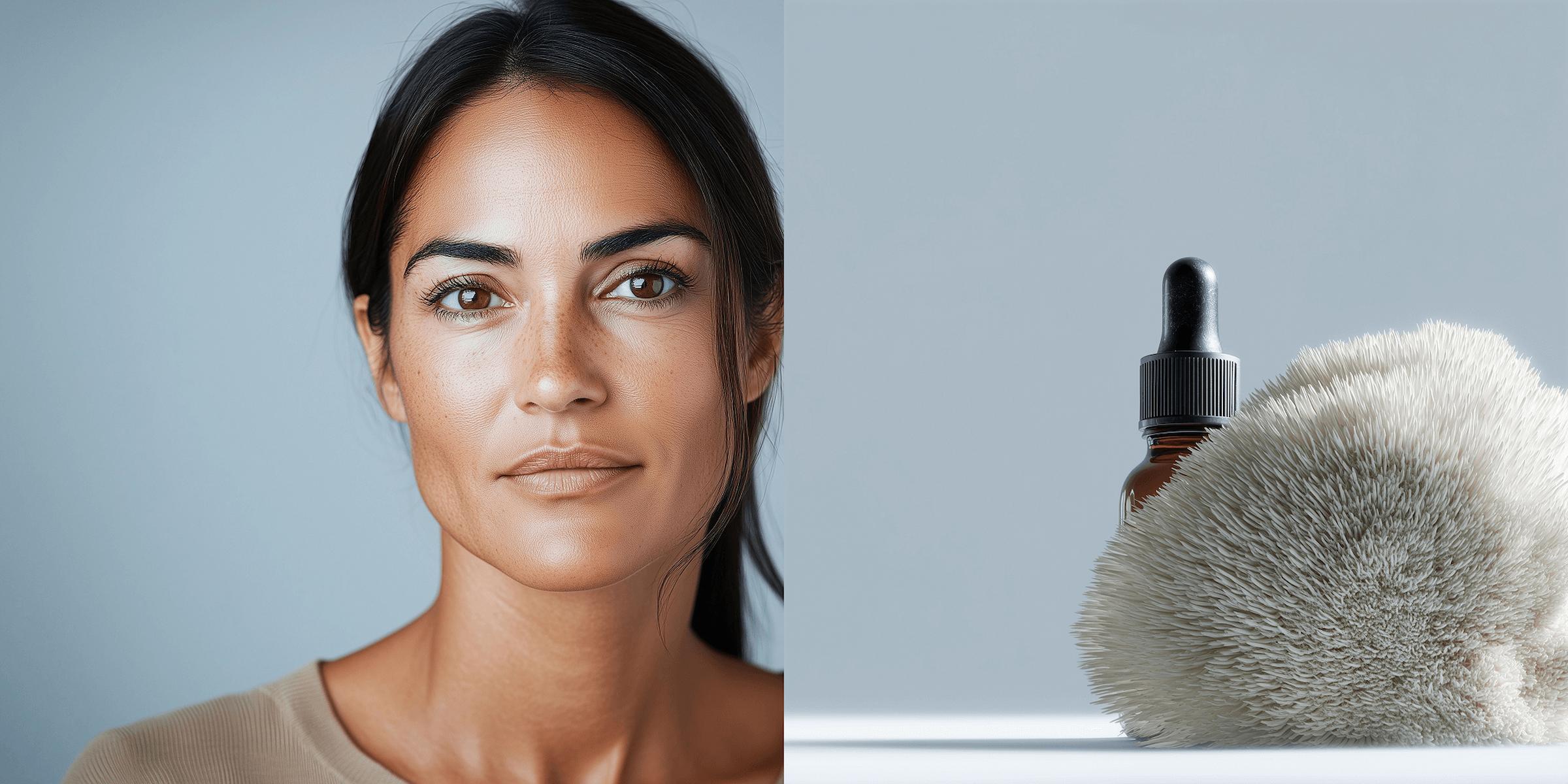 Woman's face on one side and polyextract product with dropper on the other against a Lion's Mane mushroom