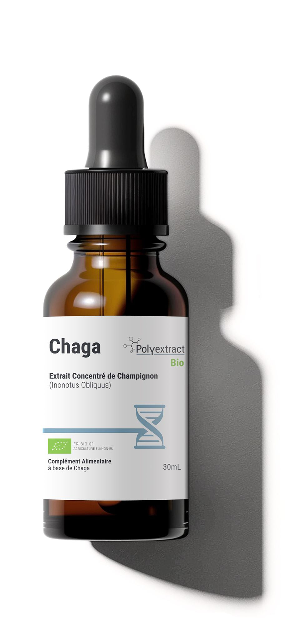 Bottle of Polyextract Chaga extract with dropper on a white background