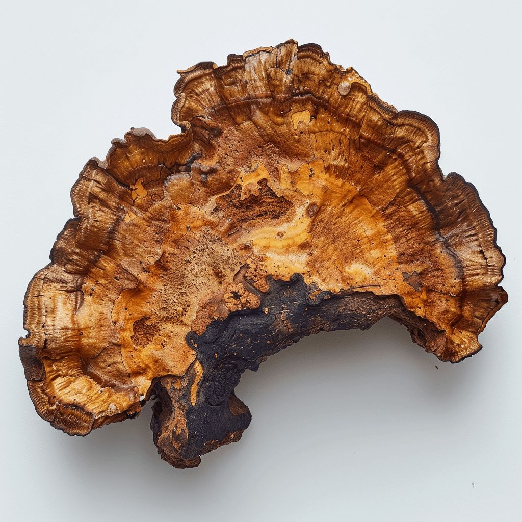 Chaga, extrait de champignon liquide bio, bois naturel, couleur brun et texture unique, potentiels bienfaits antioxydants.