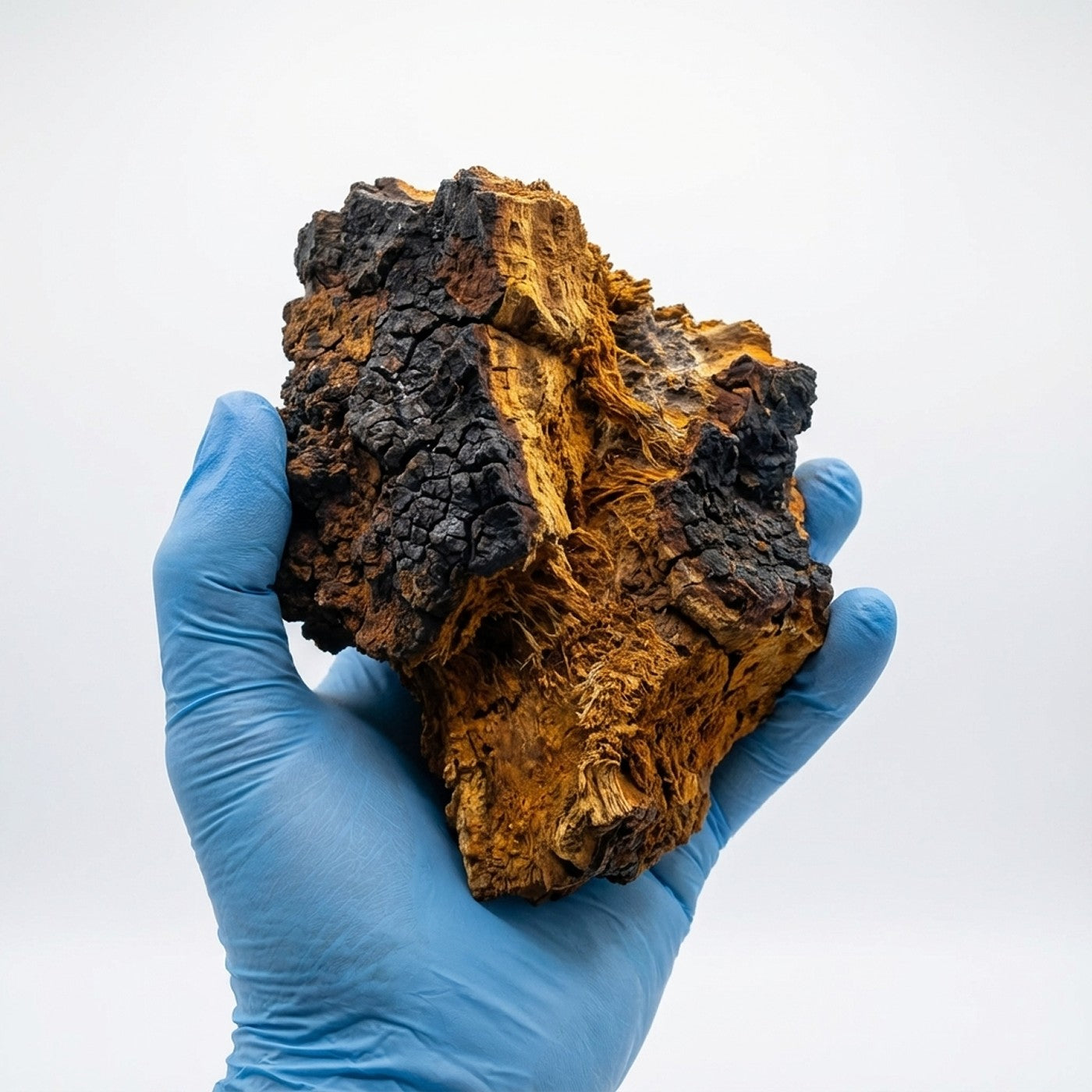 Hand wearing a blue glove holding a large piece of chaga mushroom 