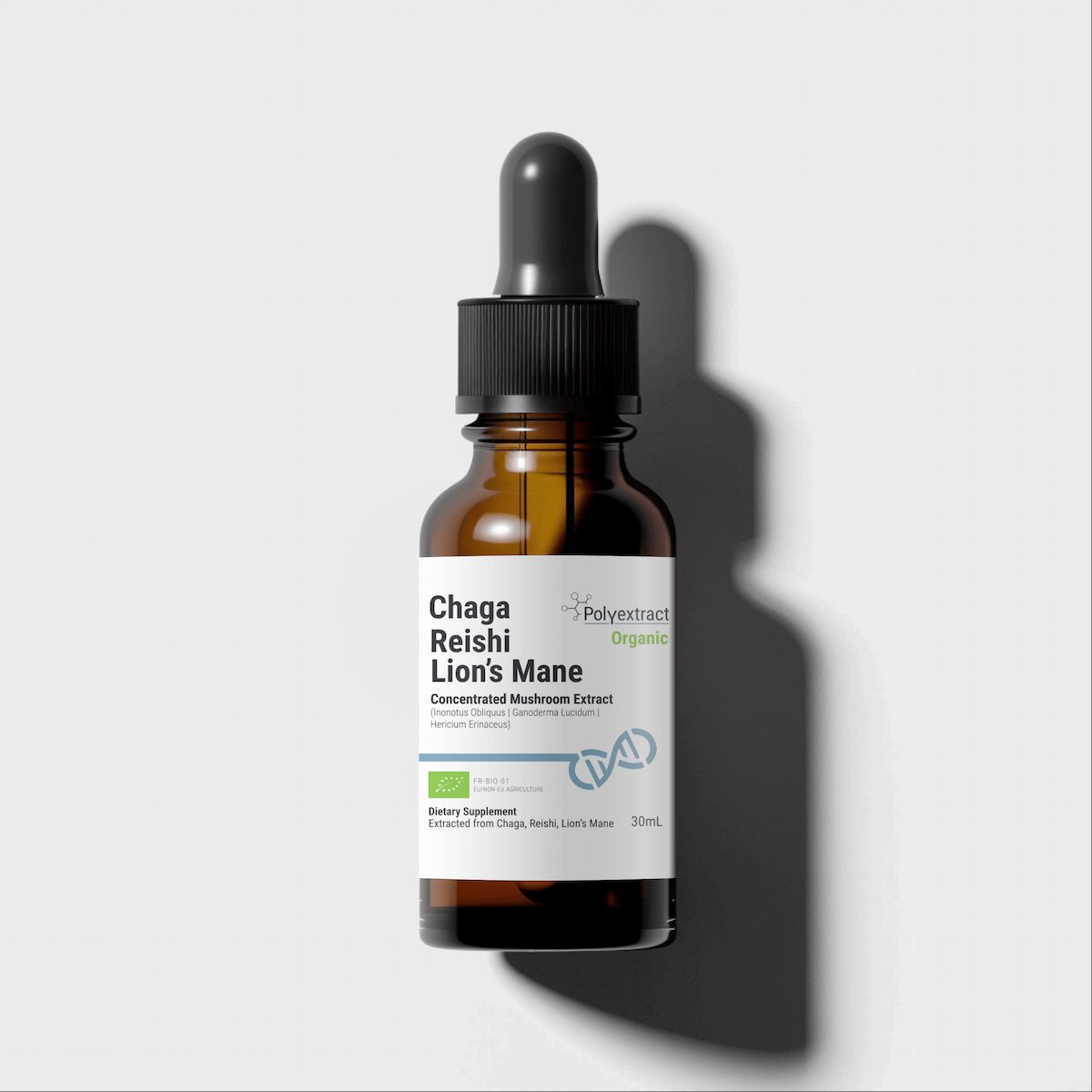 Bottle of Chaga Reishi Lion's Mane supplement with dropper on a white background - supplement brand : Polyextract