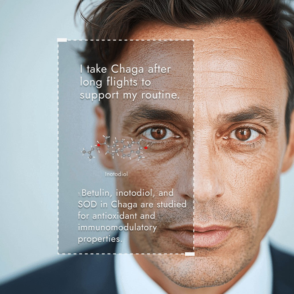 Man's face with a close-up of his eye and text about Chaga mushroom benefits.
