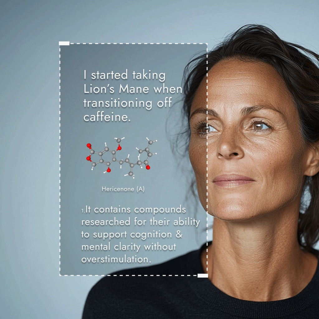 Woman with text about Lion's Mane supplement for cognition and mental clarity