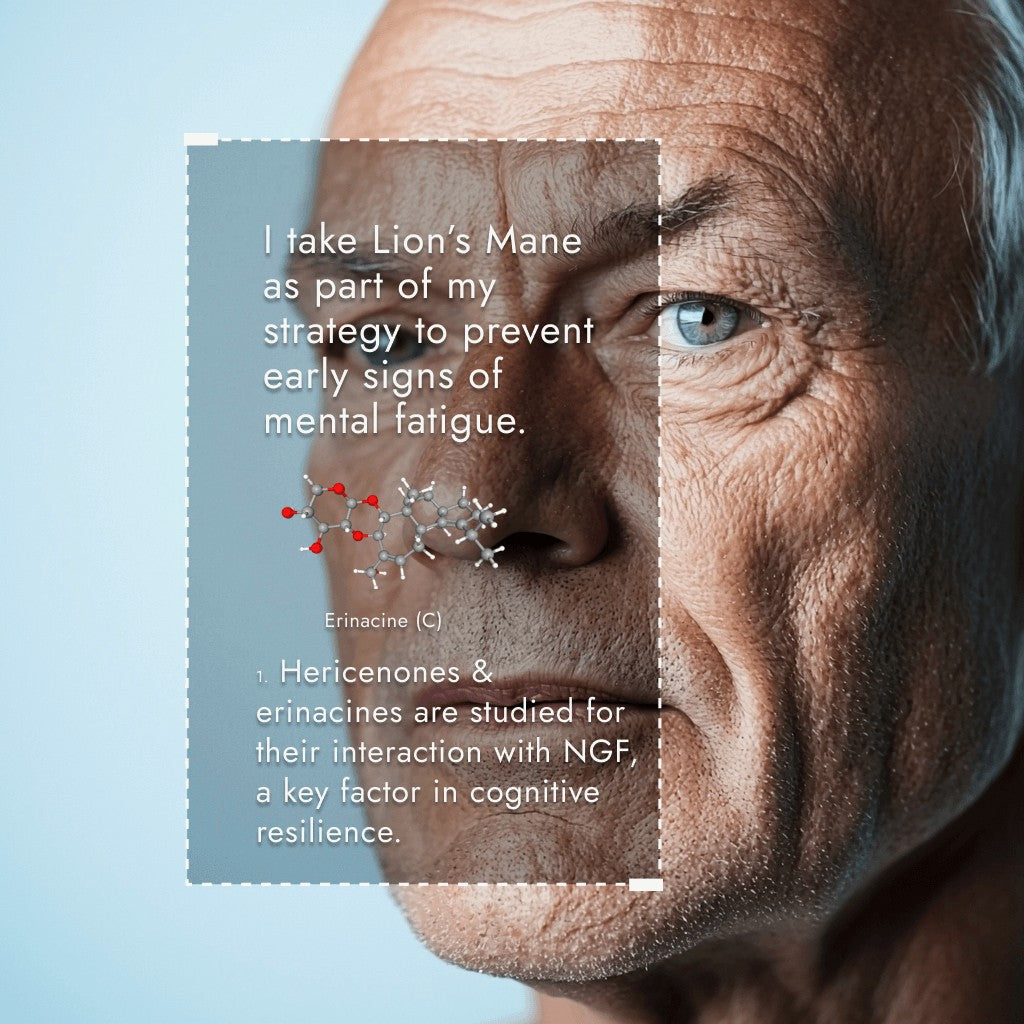 Close-up of a person's face with text about Lion's Mane Polyextract supplement for cognitive support