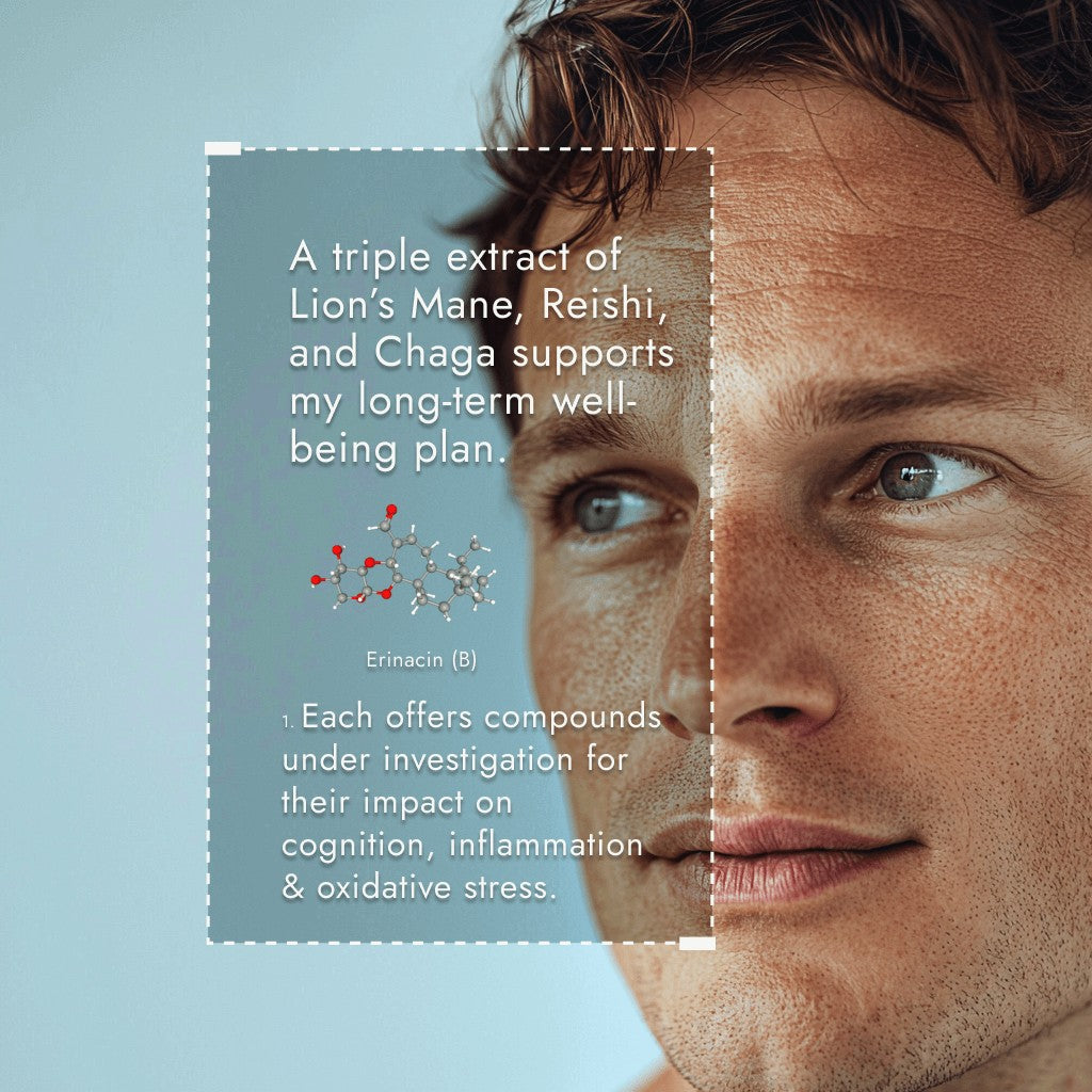 Close-up of a person's face with text about mushroom extracts on a light blue background