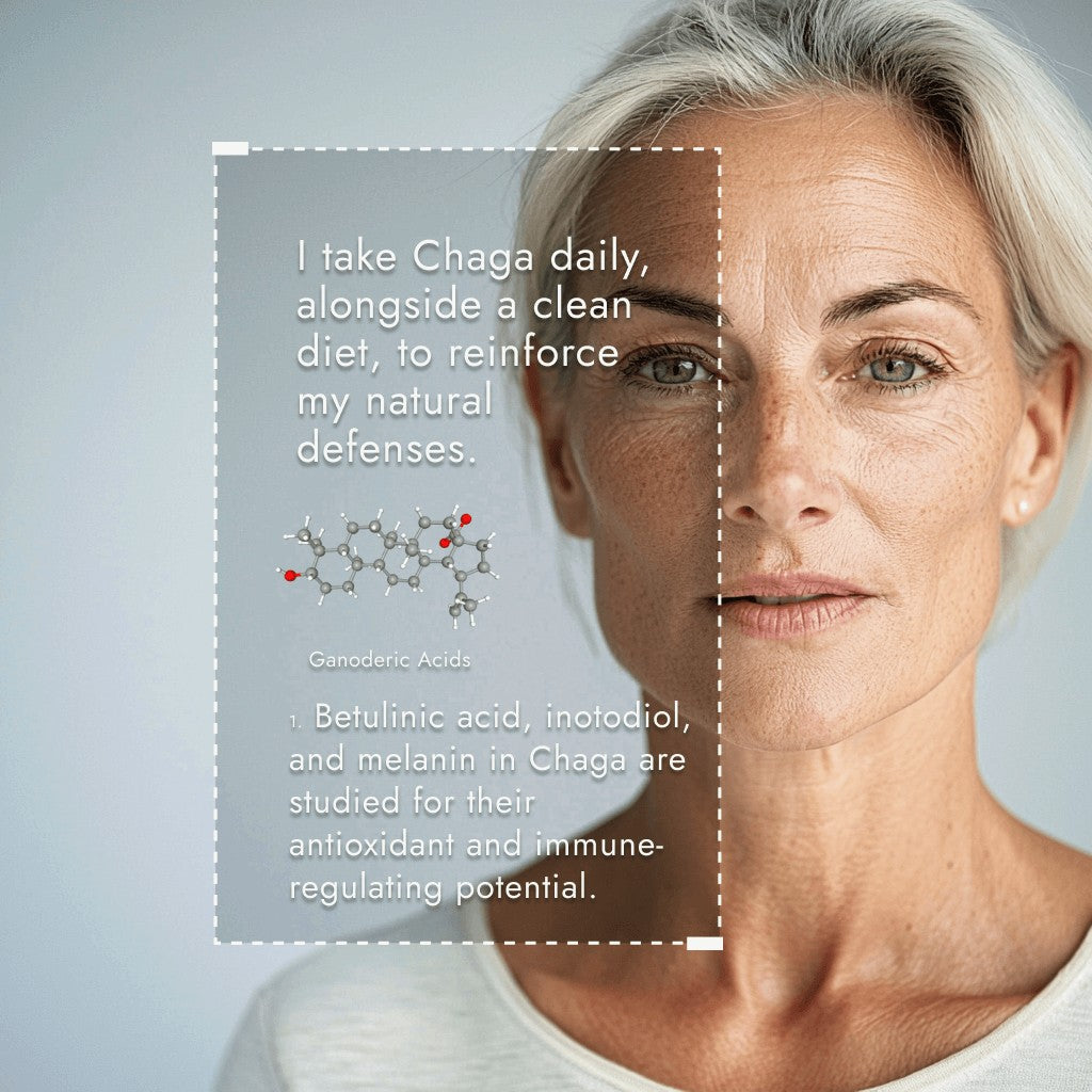 Woman with text about Chaga supplement and clean diet on a light gray background
