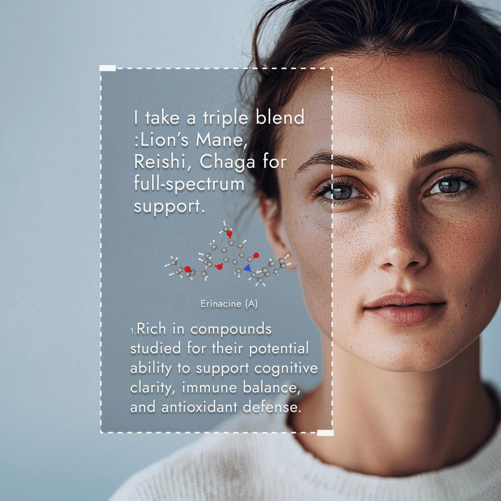 Woman's face with text about a triple blend of Lion's Mane, Reishi, and Chaga for full-spectrum support.