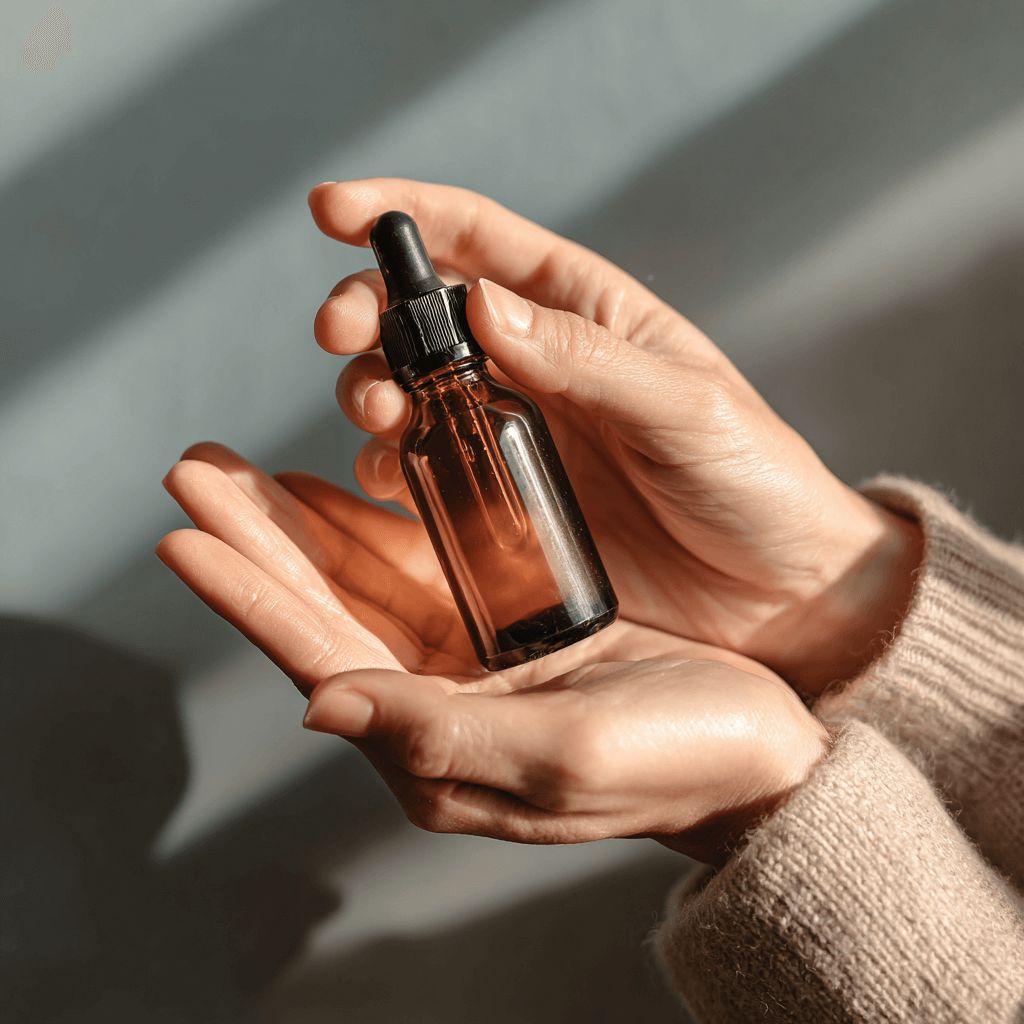 Hand holding a brown glass dropper bottle against a neutral background