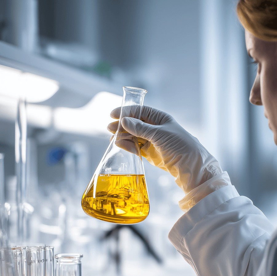 Person in a lab holding a beaker with yellow liquid in a laboratory setting