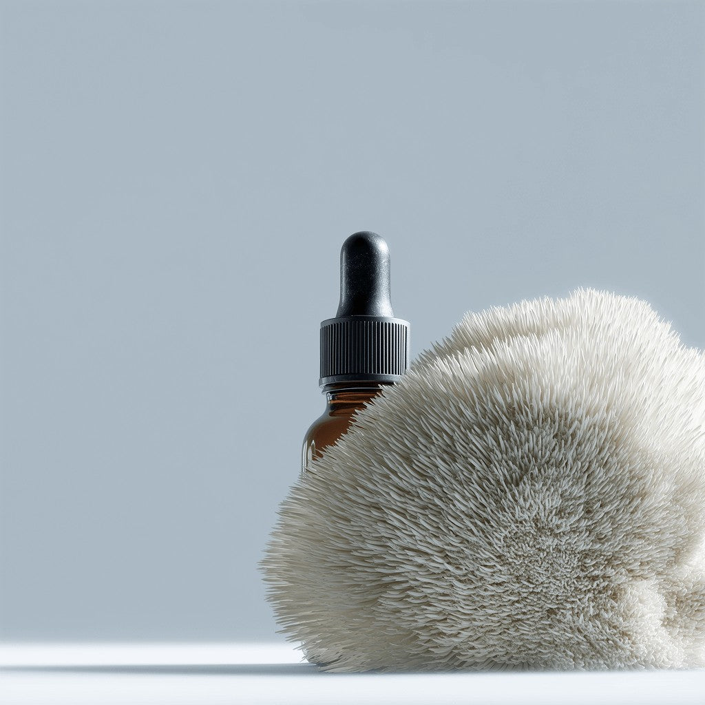 Polyextract Bottle with dropper and a fresh Lion's Mane Mushroom