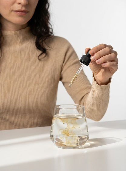 Person using a dropper to add Polyextract liquid Lion&