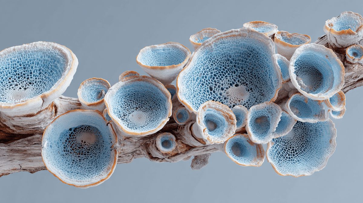 Close-up of blue fungal structures on a branch against a gray background