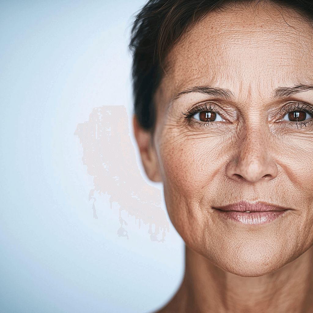 Close-up of a woman's face with a light blue background