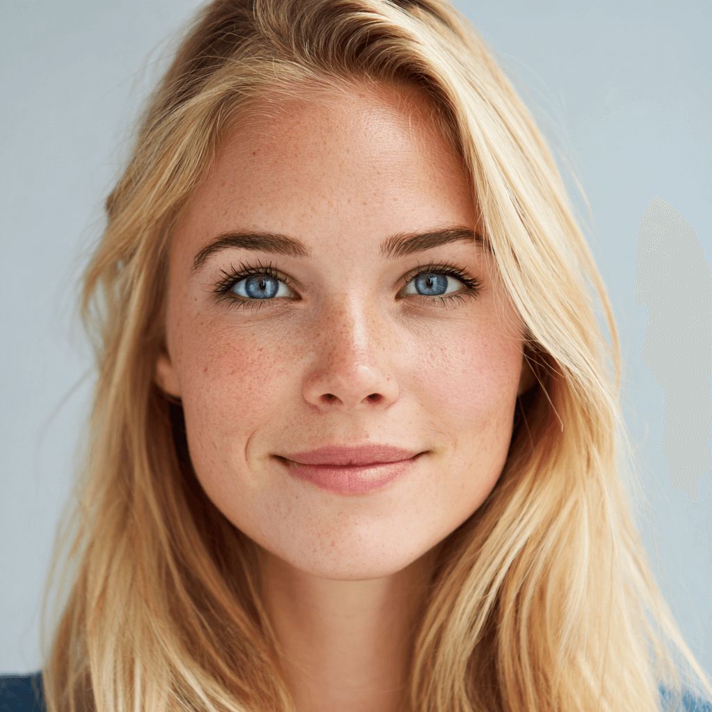 Close-up of a woman with blonde hair and blue eyes against a light gray background