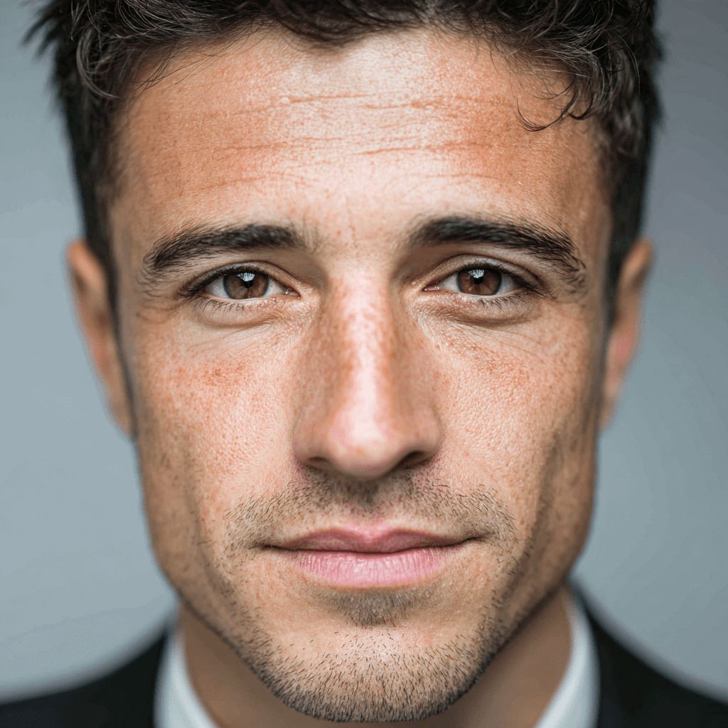 Close-up of a man with a neutral expression against a gray background