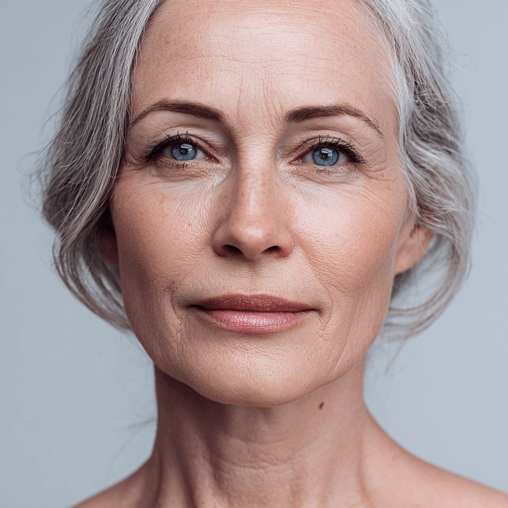 Close-up of a woman with gray hair against a plain background