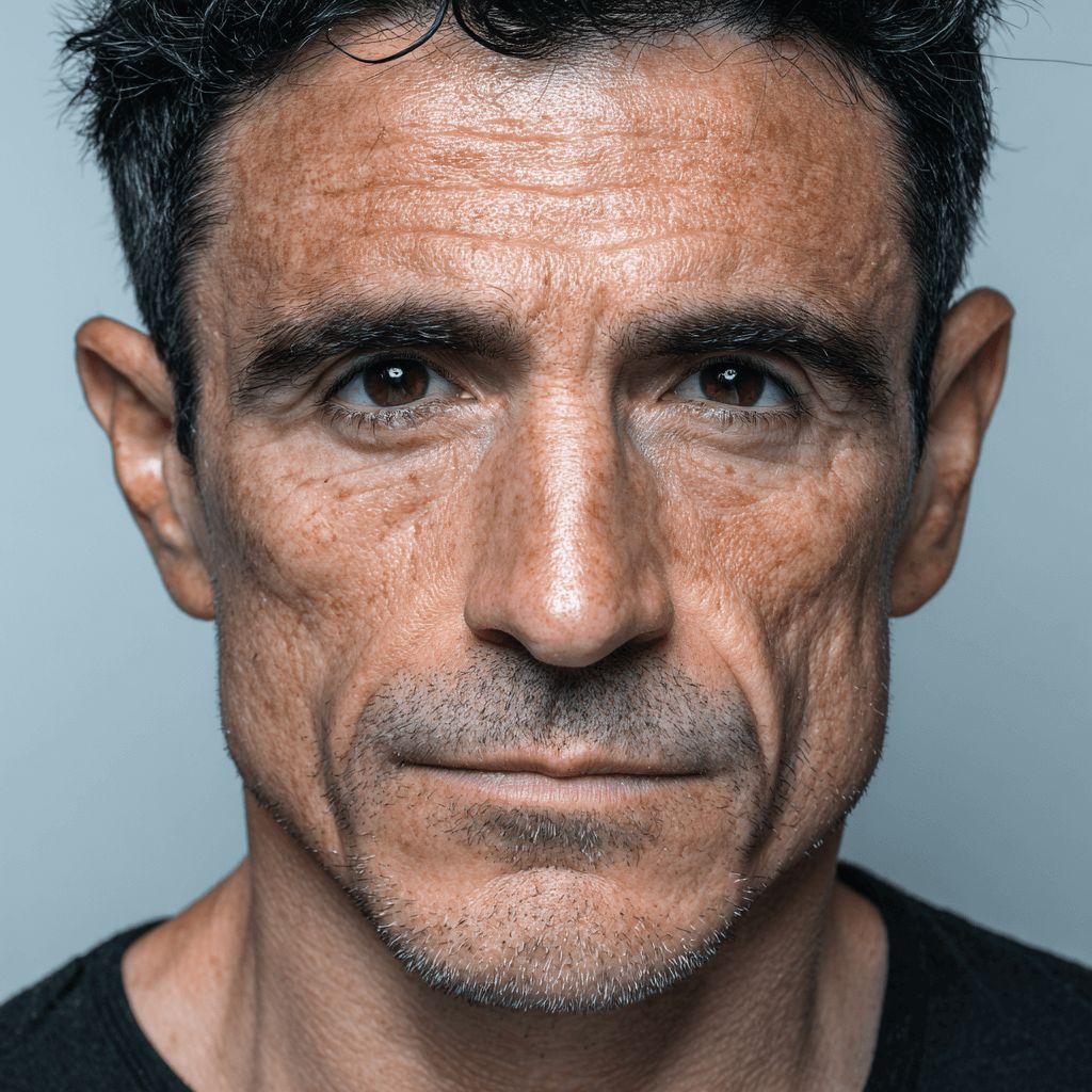 Close-up of a man's face with a neutral expression on a gray background