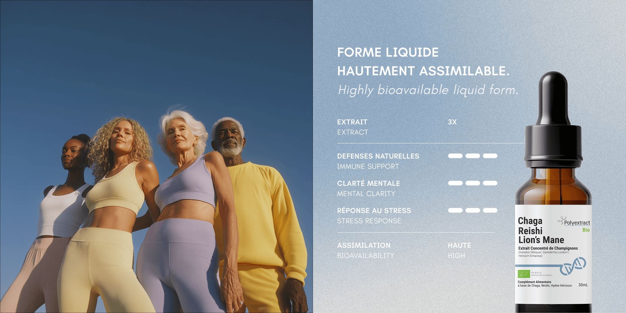 Bottle of polyextract supplement with a group of people standing against a blue sky background young and old 