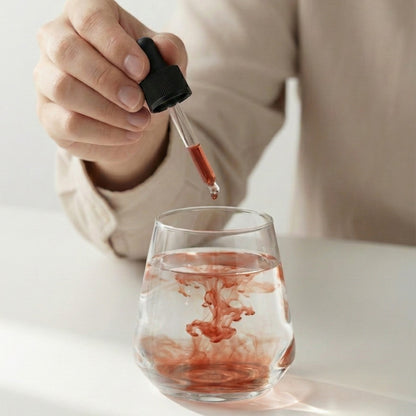 Hand using a dropper to add red Polyextract mushroom supplement into a glass of water on a light background
