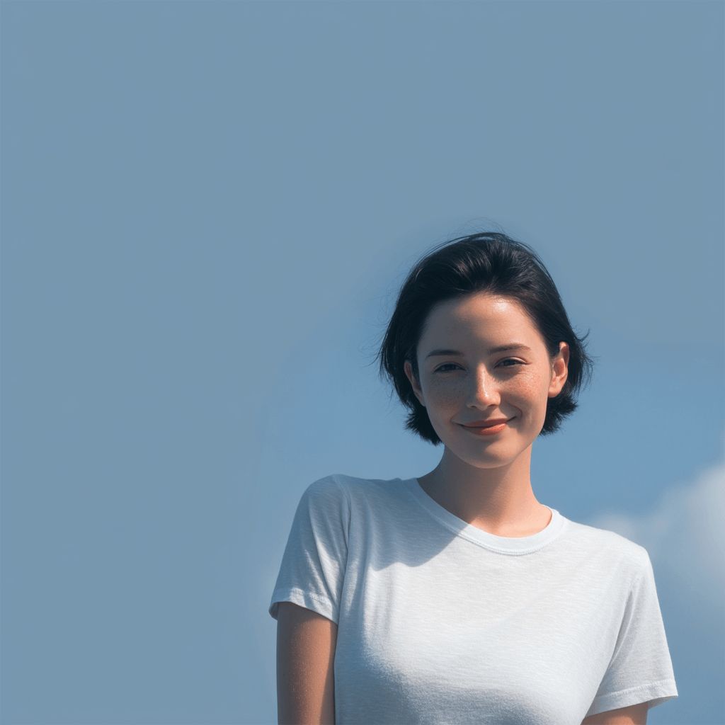 Person wearing a white t-shirt against a clear blue sky