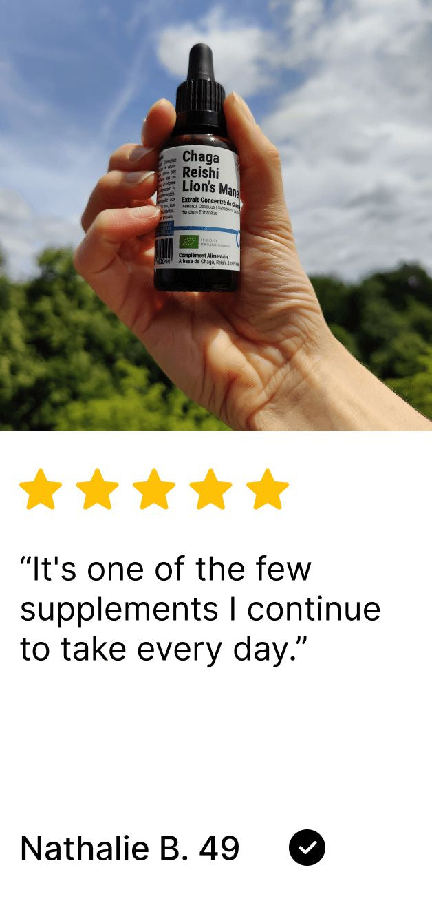 Hand holding a Polyextract supplement bottle with a five-star rating and review text on a blurred outdoor background