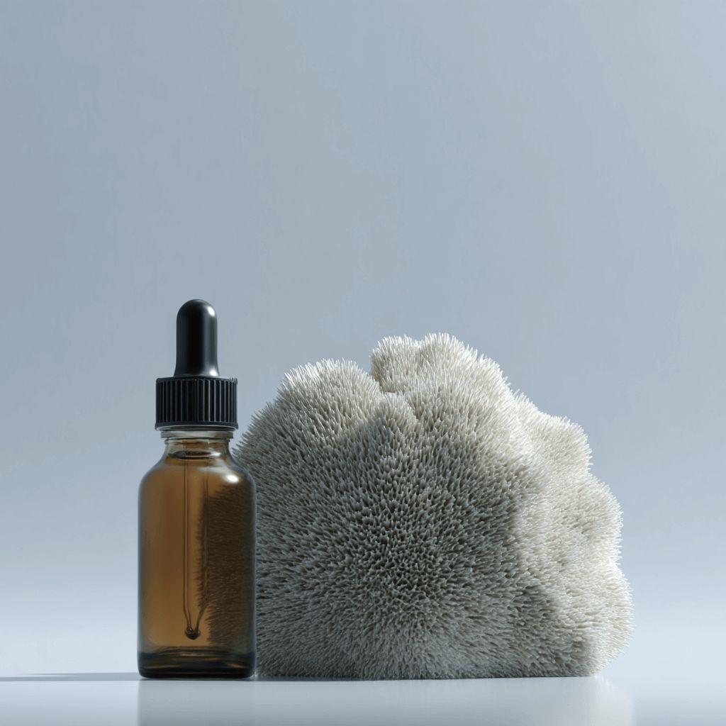 Polyextract Supplement Brown glass dropper bottle with black cap next to a white textured Lion's Mane mushroom