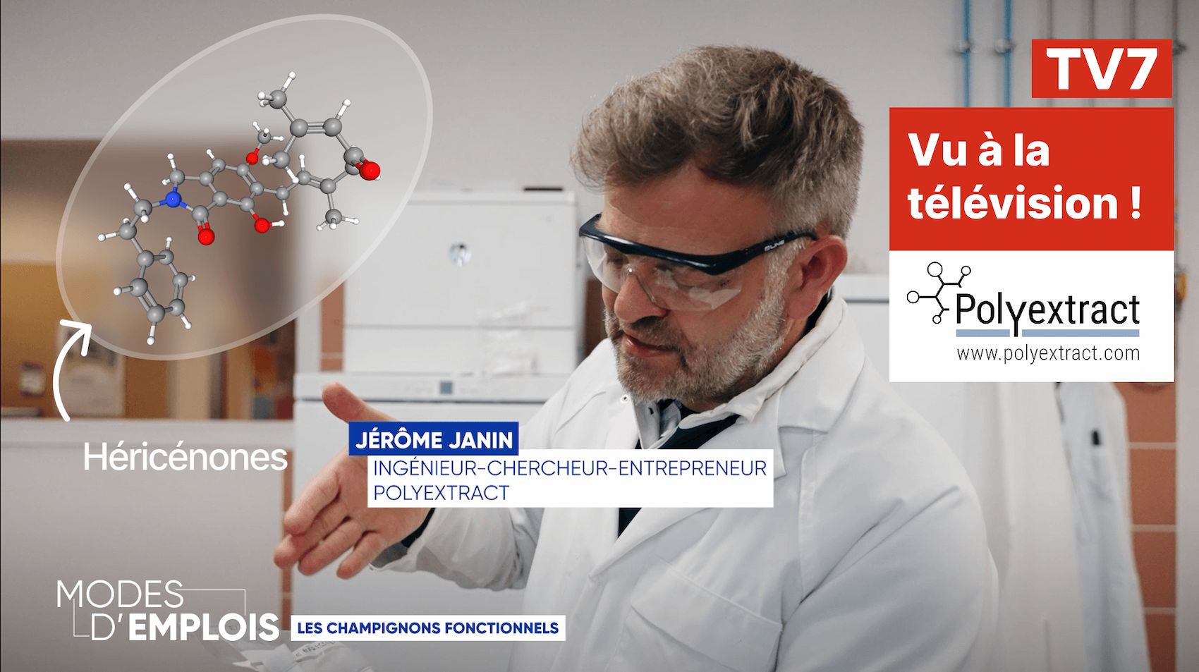 Jerome Janin présente polyextract à la télévision dans modes d'emplois sur les champignons fonctionnels et les compléments alimentaires avec une visite du laboratoire ou les techniques d'extraction sont développées