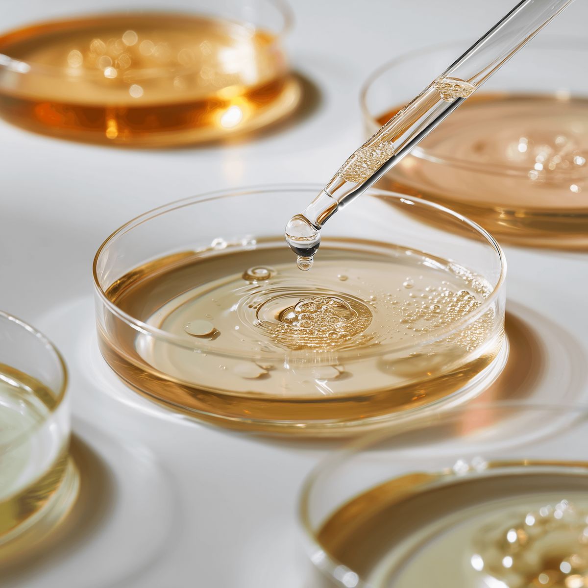 Dropper adding polyextract.com liquid mushroom extract to a petri dish on a light background