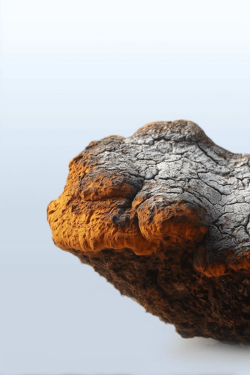 Close-up of a piece of chaga mushroom on a light gray background
